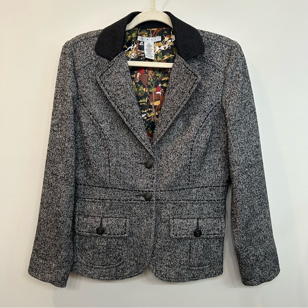 Cabi Blazer Fox Hunt Equestrian Black Gray Herringbone Tweed Wool Blend Size 8